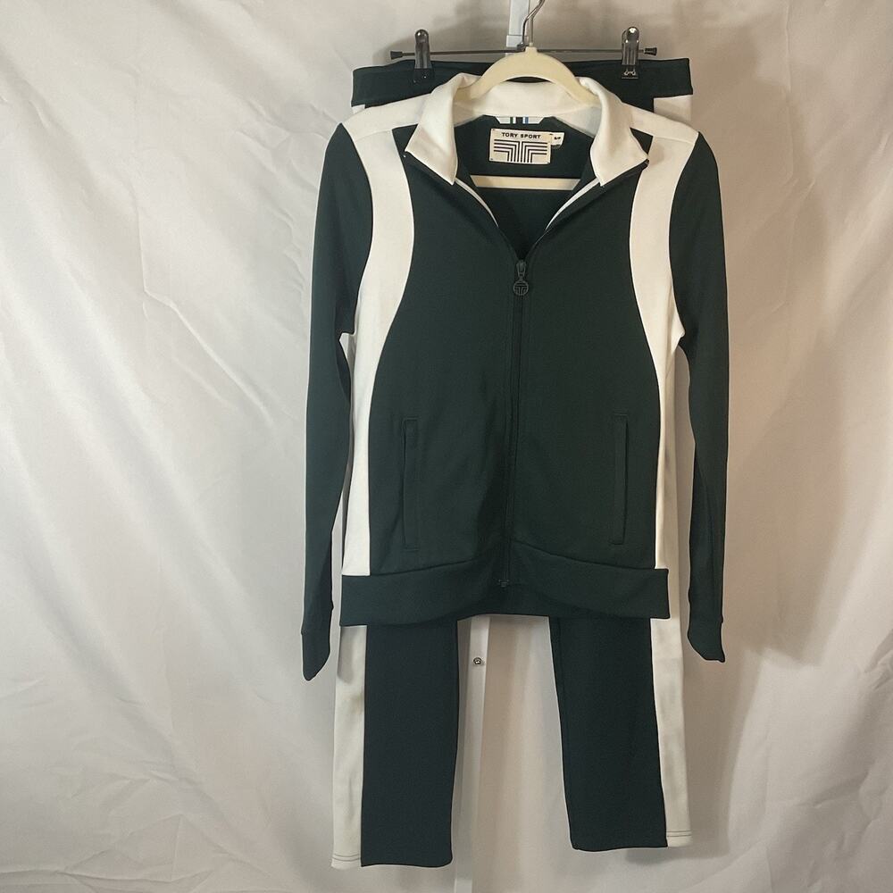 Tory Sport Women's Colorblock Tracksuit Set Jacket & Pants Dark Green White S/M